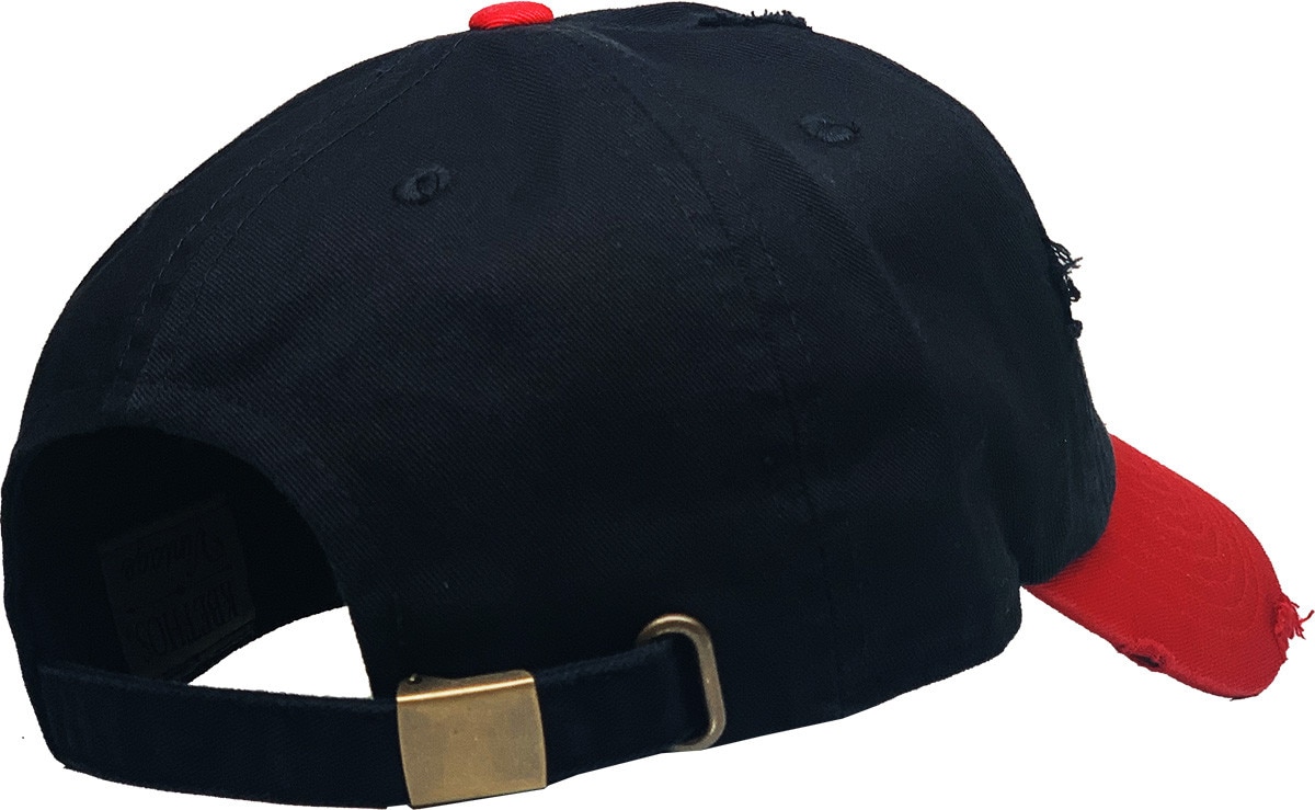 Black Red Two Tone Distressed Vintage Baseball Cap Back Side View
